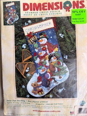 Vintage Dimensions Stamped Cross Stitch Kit Snowmen Stocking NOS